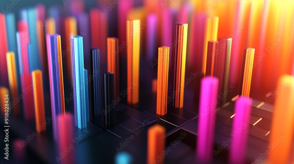 Leinwandbilder A dynamic view of a 3D bar chart with multiple bars in different heights and colors, showcasing a clear and engaging representation of data with depth and perspective.