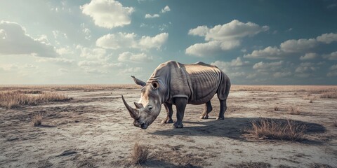Fototapeta premium Vanishing Giants: Rhinos on the Brink of Extinction Amidst a Desolate Landscape, a Stark Reminder of the Climate Crisis and Habitat Destruction.