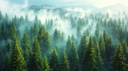 Misty evergreen forest at sunrise in the mountains