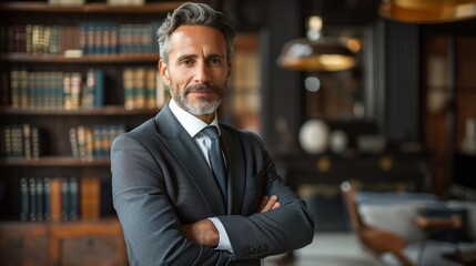 Professional man in a tailored suit stands confidently in a modern library with bookshelves in the background