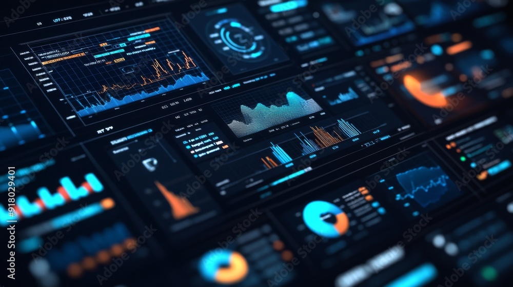 Leinwandbilder A financial dashboard with various graphs and charts, including pie charts and line graphs, all displayed clearly on a modern, high-tech interface