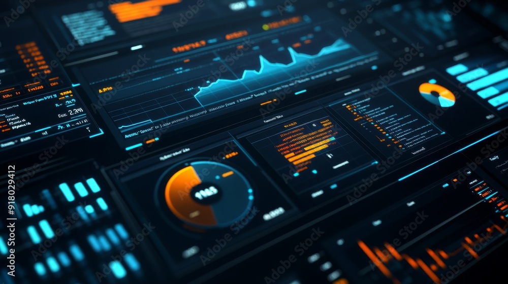 Leinwandbilder A financial dashboard with various graphs and charts, including pie charts and line graphs, all displayed clearly on a modern, high-tech interface