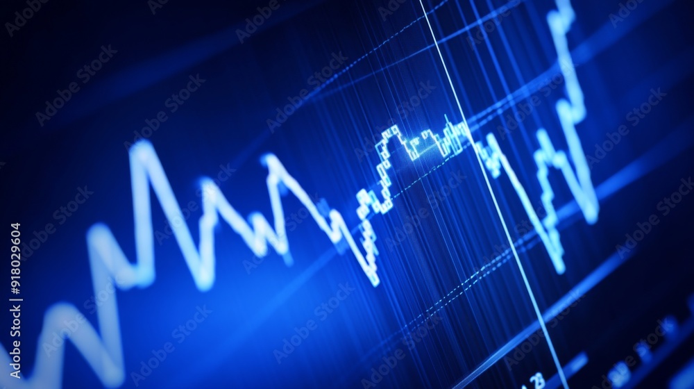 Leinwandbilder A financial line graph on a computer screen, with sharp, upward trends and key data points highlighted, showing market growth in detail.