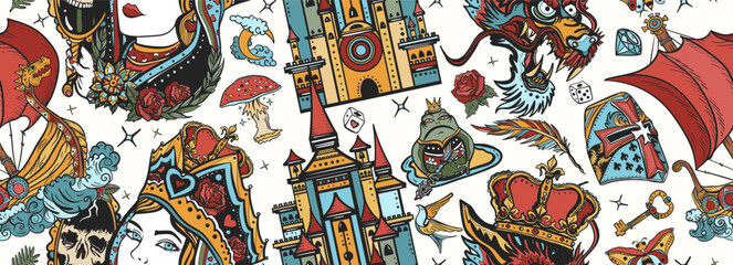 Fairy tales seamless pattern. Queen in the golden, crown, dragon, knight, sword and princess frog. Middle Ages magic legends art. Fantasy tattooing style background