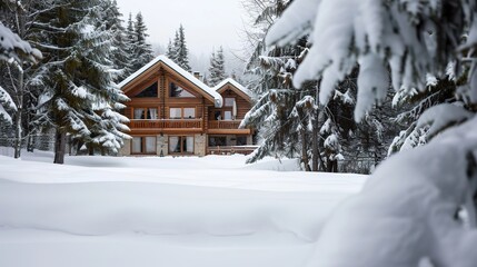 Serene Winter Escape: Cozy Mountain Cabin in Snow-Covered Landscape