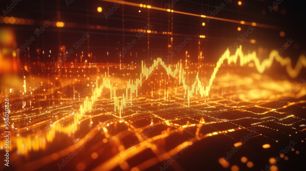 Poster A gold price graph on a computer screen with bright, contrasting lines and candlestick patterns, illustrating recent market trends and movements.