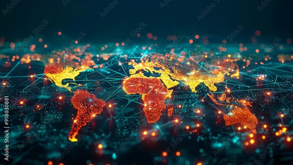 Poster visual global social network concept with illuminated connected world map at night highlighting inte