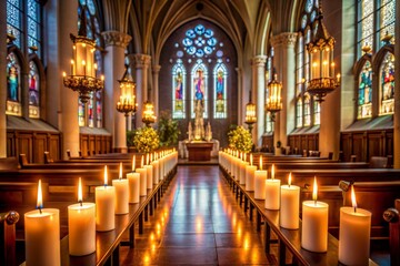Soft, warm candlelight illuminates a serene, ornate church interior, with rows of glowing white tapers standing upright on a decorative altar, surrounded by stained glass.