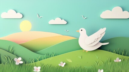 paper cut style illustration pigeon colorful 3d filed green hills whimsical clouds