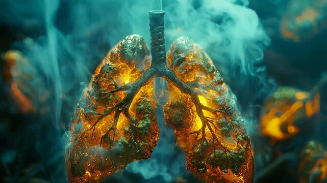 Visual Representation of Smokers' Lungs in Polluted Air: Unhealthy Lungs Affected by Poor Air Quality and Smoking - Macro View - 4K Timelapse