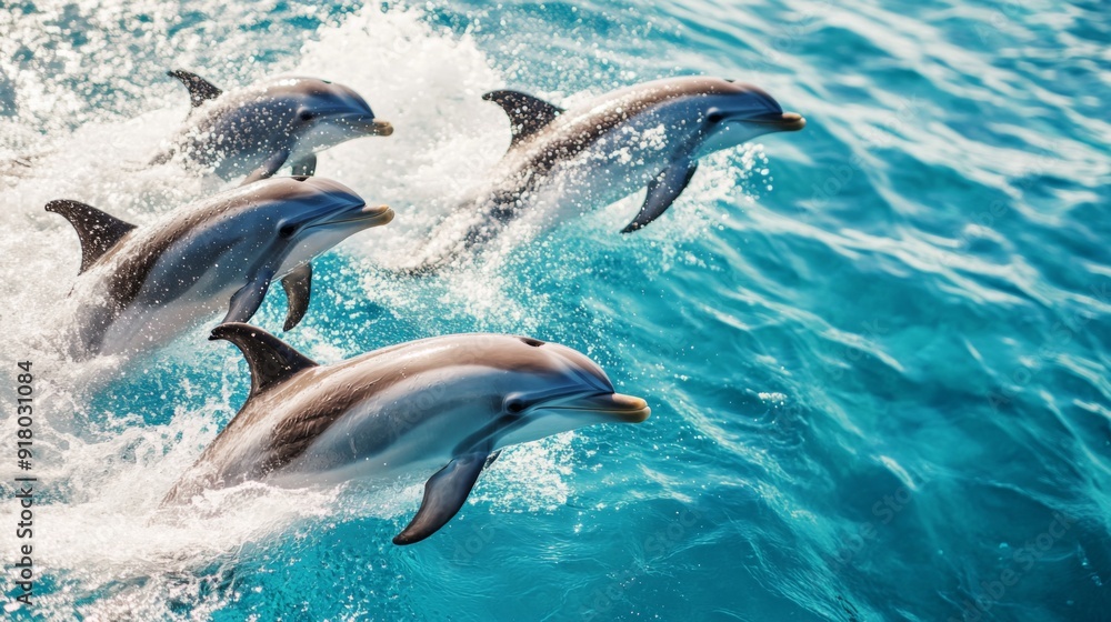 Poster a group of dolphins swimming in a synchronized display, with splashing water and clear blue ocean hi