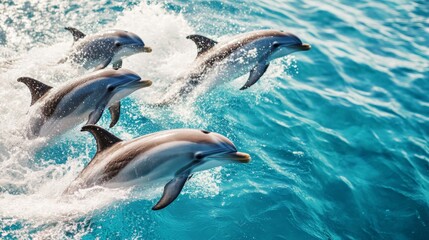 Obraz premium A group of dolphins swimming in a synchronized display, with splashing water and clear blue ocean highlighting their graceful movements.