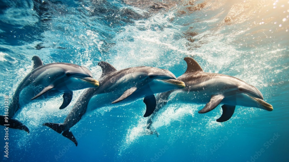 Poster a group of dolphins swimming in a synchronized display, with splashing water and clear blue ocean hi