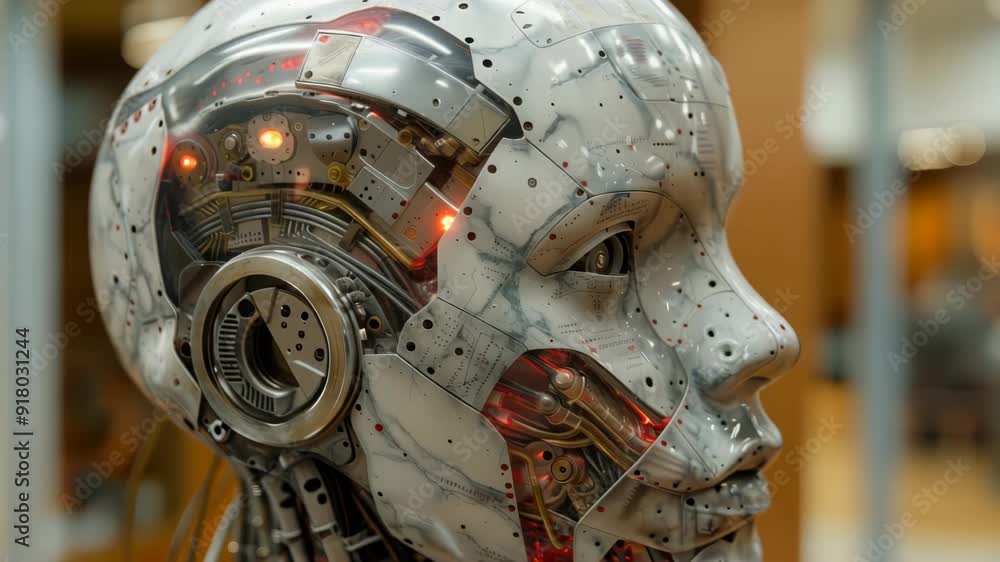 Poster futuristic artificial intelligence humanoid head with advanced robotics and technology in modern set