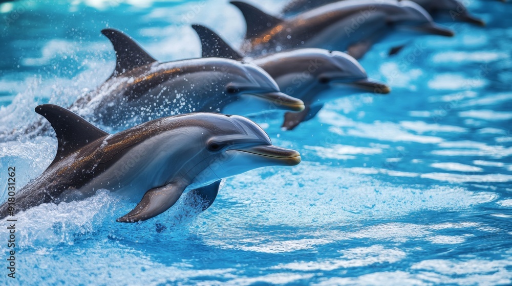 Poster a group of dolphins swimming in a synchronized display, with splashing water and clear blue ocean hi