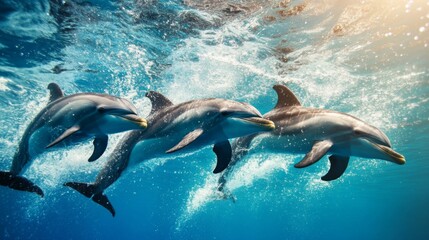 Obraz premium A group of dolphins swimming in a synchronized display, with splashing water and clear blue ocean highlighting their graceful movements.