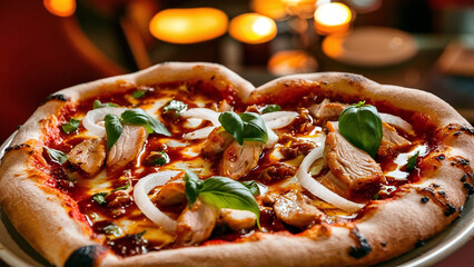 Heart-shaped BBQ chicken pizza topped with basil, onions and barbecue sauce. Perfect for romantic dining and Italian cuisine lovers.