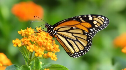 Fototapeta premium A monarch butterfly with black and orange wings is perched on a yellow flower, feeding with its long proboscis. The butterfly has white spots on its wings. 