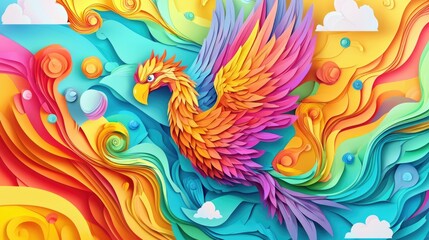 paper cut style illustration phoenix colorful 3d filed green hills whimsical clouds