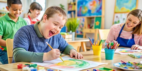 Joyful student with Down syndrome learns alongside peers in an inclusive art workshop, fostering social integration and confidence through creative expression and shared experiences.