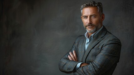 A mature man with a salt-and-pepper beard poses confidently in a well-fitted blazer against a textured background