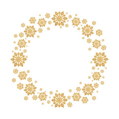 Festive round frame made of golden decorative snowflakes isolated on white background. Design element for New Year and Christmas designs, holiday frames,  greeting cards, invitations.