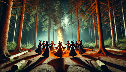 The witches dance around a large bonfire in the forest, the fire lighting up the woods. AI Generated