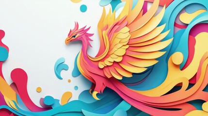 Obraz premium paper cut style illustration phoenix colorful 3d filed green hills whimsical clouds