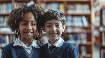 Diverse school children, a boy and a girl, standing in a library. Ethnic Diversity in the Classroom