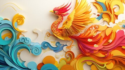 Obraz premium paper cut style illustration phoenix colorful 3d filed green hills whimsical clouds