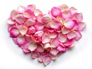 Obraz premium Delicate pink rose petals carefully arranged to form a perfect heart shape, symbolizing love, romance, and affection, on a soft focus white background.