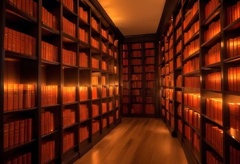 Fototapeta premium A large, well-lit library or bookstore interior with rows of wooden bookshelves lining the walls and a hardwood floor. The shelves are filled with a variety of books, creating a warm and inviting atmo