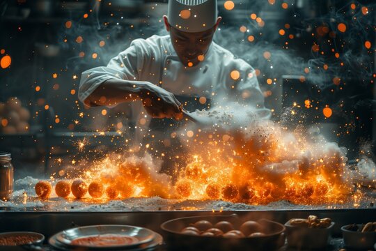Chef Sets Off Fiery Cooking Scene With Dramatic Flare In Professional Kitchen