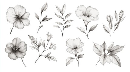 Obraz premium Set of hand-drawn floral elements in vector format, perfect for wedding invitations, on a white background