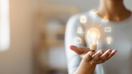 Embracing Digital Education: Person Holding Light Bulb with Floating Icons of Education, Certification Programs, and Online Courses