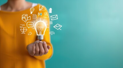 Illuminating Digital Education: Person Holding Glowing Bulb with E-Learning, Online Courses, and Certification Icons Floating Around