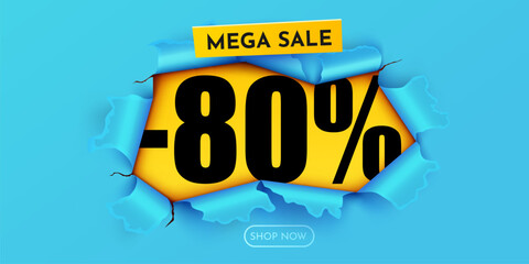 Yellow ripped paper. 80 Percent Off. Mega Sale Banner.