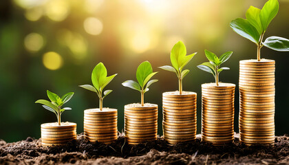 five young plants sprouting stacks golden coins symbolizing financial growth prosperity