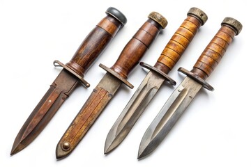 A collection of four historic bayonet knives, including two from World War II, showcased individually on a clean white background for detailed viewing.