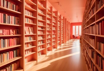 Obraz premium A large, well-lit library or bookstore interior with rows of wooden bookshelves lining the walls and a hardwood floor. The shelves are filled with a variety of books, creating a warm and inviting atmo
