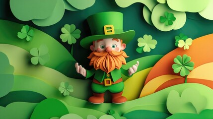 paper cut style illustration leprechaun colorful 3d filed green hills whimsical clouds