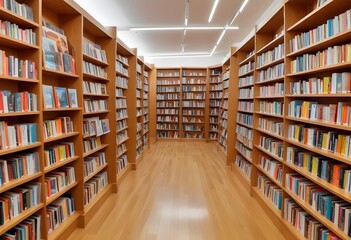 Obraz premium A large, well-lit library or bookstore interior with rows of wooden bookshelves lining the walls and a hardwood floor. The shelves are filled with a variety of books, creating a warm and inviting atmo