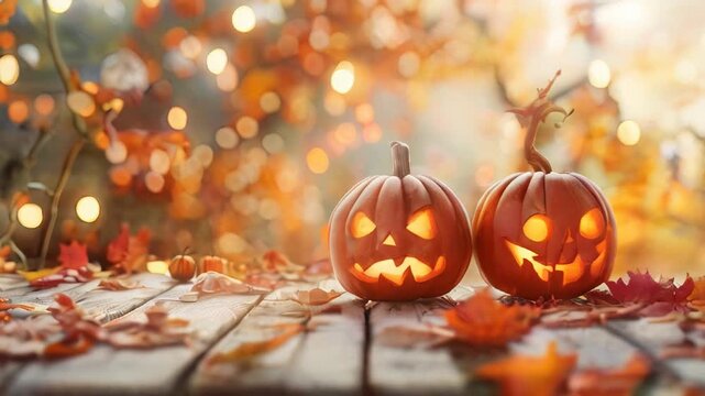 HD video showcasing a carved orange pumpkin face with candle-lit background. scene is dimly lit, emphasizing the glowing pumpkin's features and creating a spooky Halloween