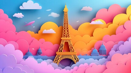 paper cut style illustration of Eiffel Tower in Paris, France colorful 3d whimsical clouds