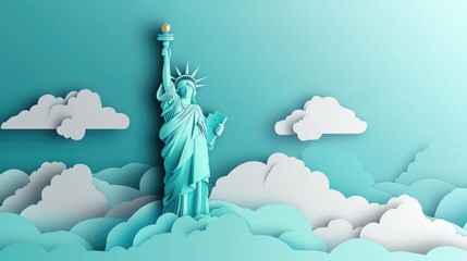 paper cut style illustration Statue of Liberty colorful 3d whimsical clouds