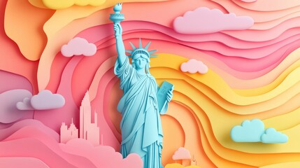 paper cut style illustration Statue of Liberty colorful 3d whimsical clouds