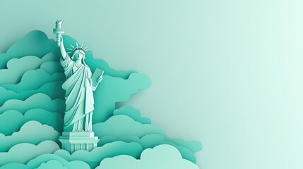 paper cut style illustration Statue of Liberty colorful 3d whimsical clouds