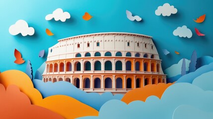 paper cut style illustration Colosseum colorful 3d whimsical clouds