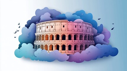 paper cut style illustration Colosseum colorful 3d whimsical clouds