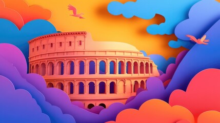 paper cut style illustration Colosseum colorful 3d whimsical clouds